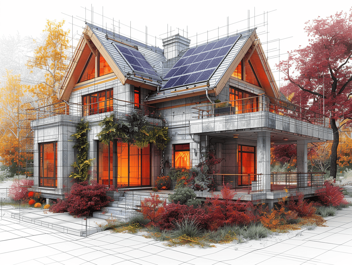 House on a Street Corner with Solar Panels - Wire Drawing